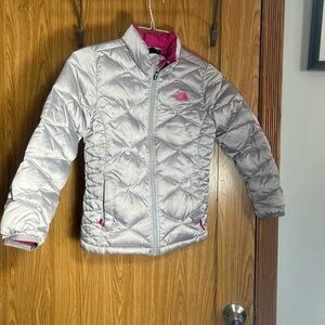 The North Face Kids Silver Puffer with Pink Highlights